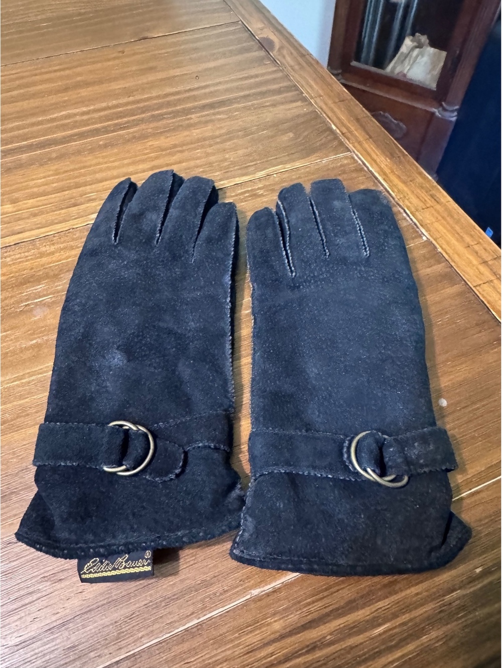 Vintage Eddie Bauer Black Leather Suede Gloves Size L Fleece Lined D Ring